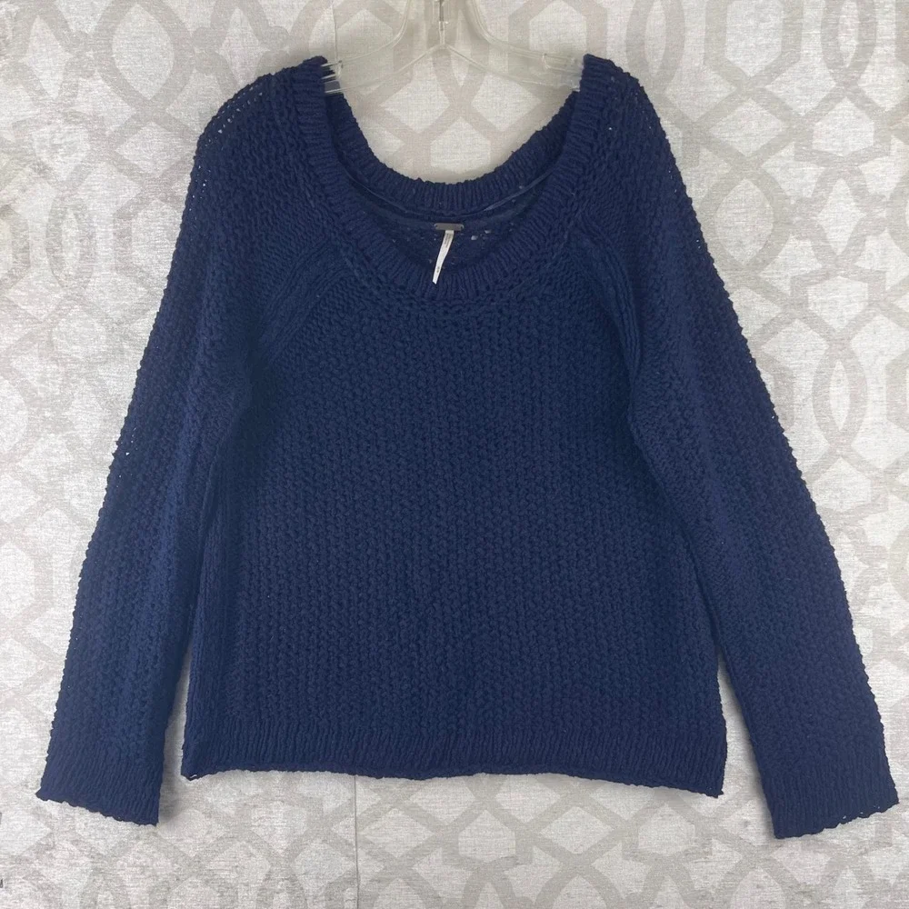 Free People Chunky Knit Women M Navy Blue Scoop‎ Neck Cotton Sweater